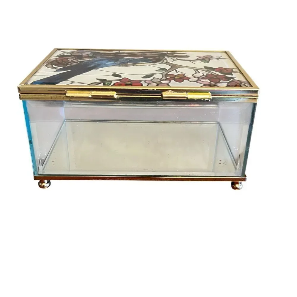 Joan Baker Designs vintage Stain Glass blue jay Hand Painted Trinket Box jewelry